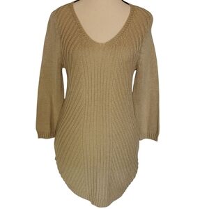 Kinross Cashmere 100% Fine Cotton V-Neck Rounded Hem Beige Tan Sweater - Sz M